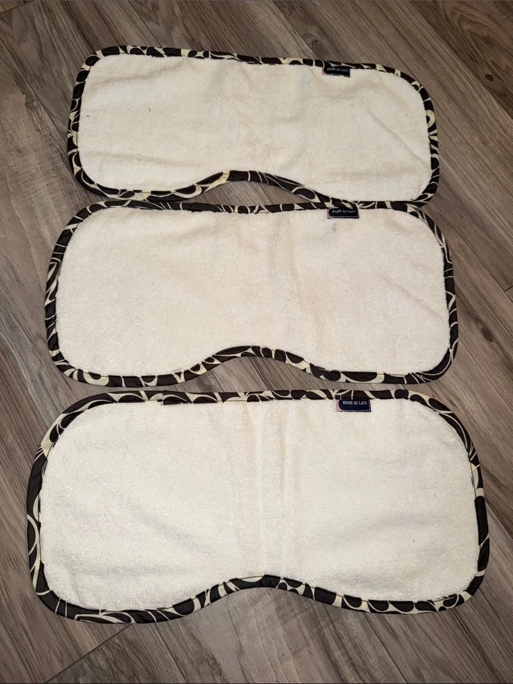 Bebe au Lait Cream Burp Cloths with Brown Patterned Trim - Set of 3